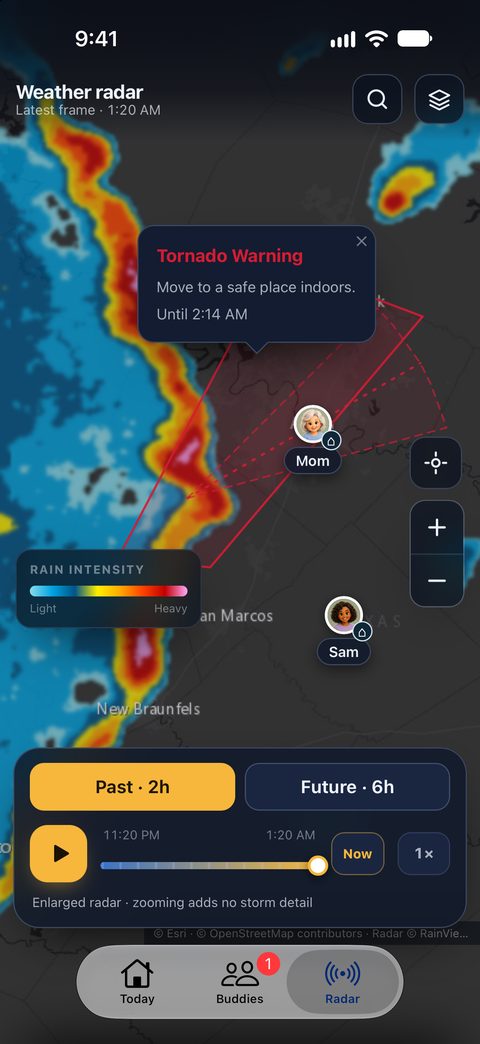 Radar with a warning area and your Buddies on the map
